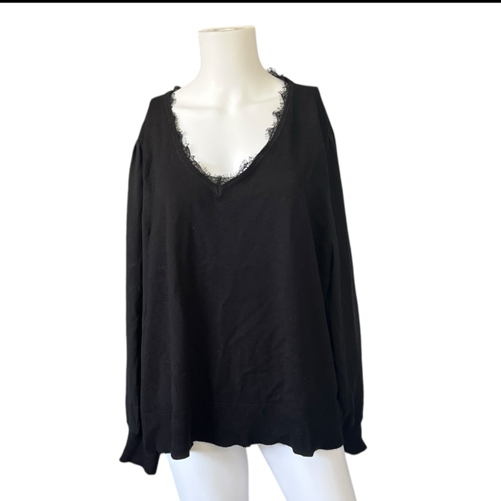 Society 212 Black V-Neck Knit Top Pullover Sheer Sleeves Womens Plus Size 3X